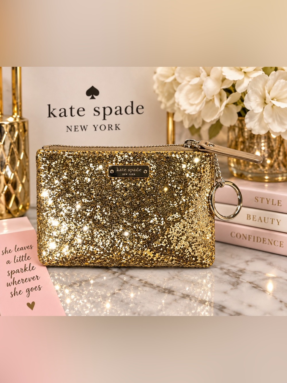 ✨ Kate Spade New York Gold Glitter Gia Coin Pouch Keychain Wallet ✨